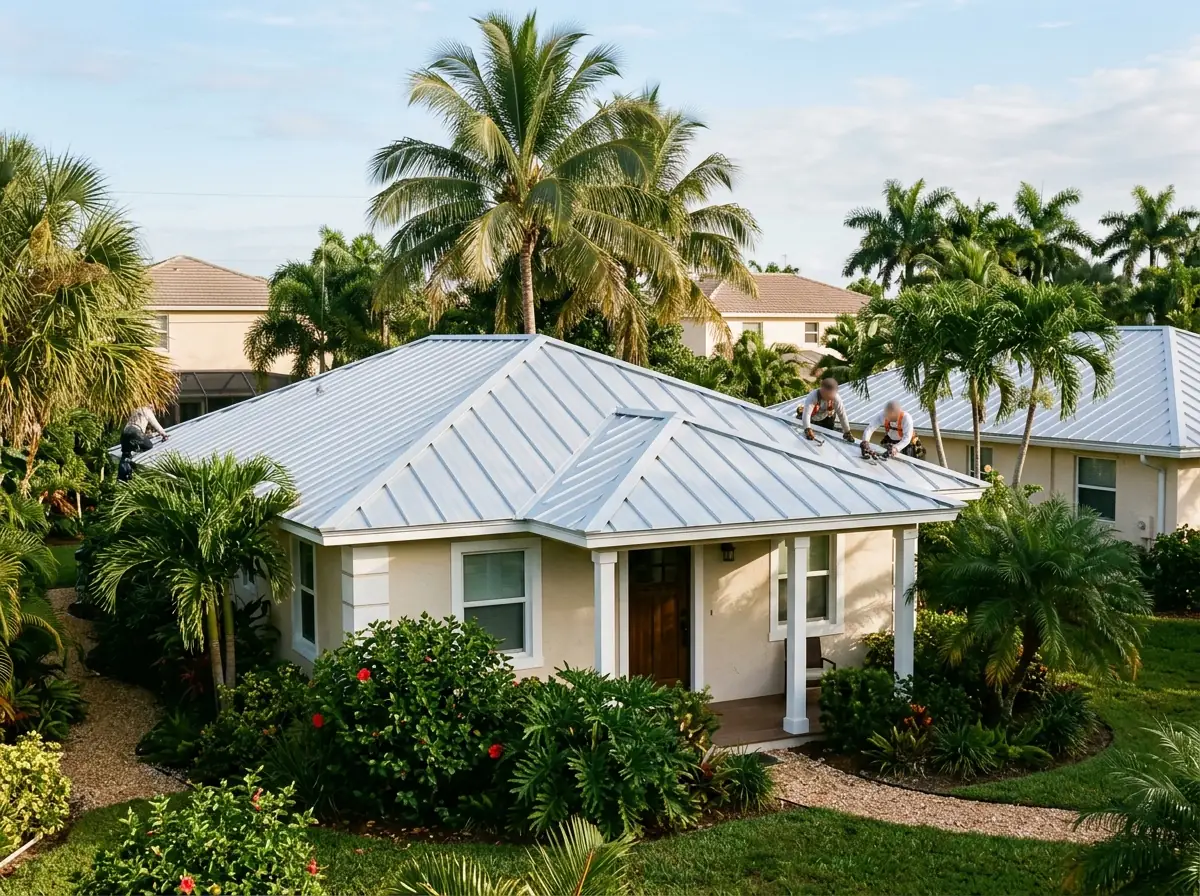 Silver 5V crimp metal roof on a small Florida cottage with palm trees