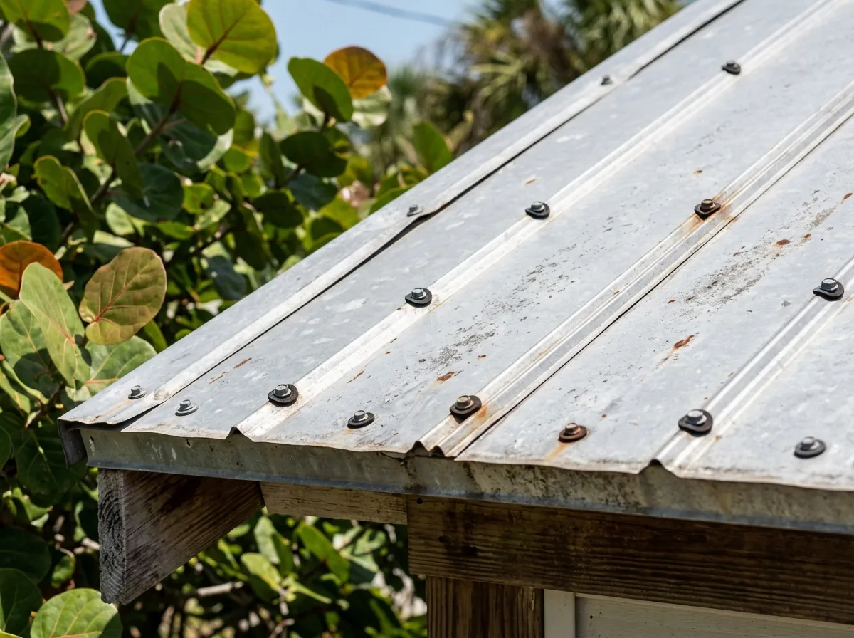 5V crimp metal roof panels fastened with screws and rubber washers on a Florida house