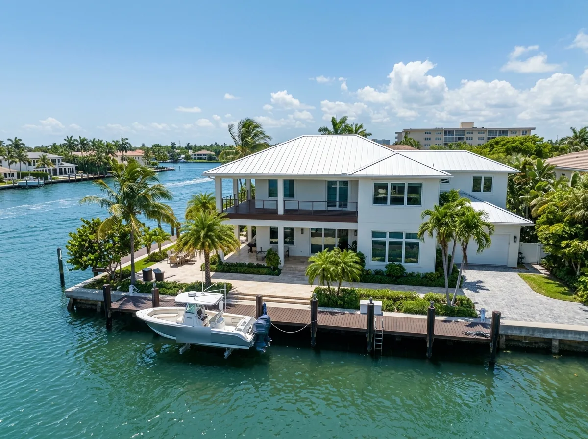 White aluminum standing seam roof on a two-story waterfront home with a boat dock on the Intracoastal