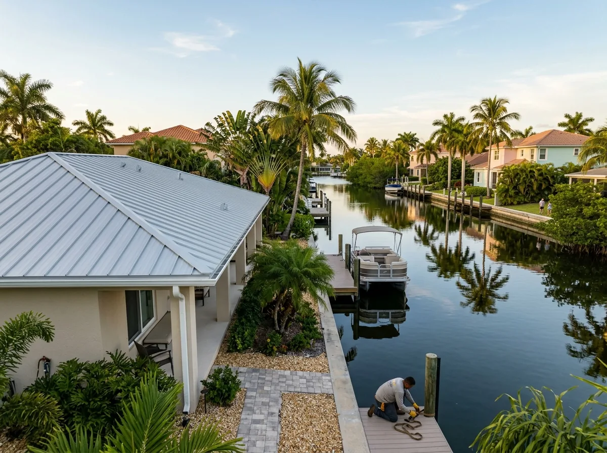 Light gray aluminum standing seam roof on a waterfront Florida home beside a canal