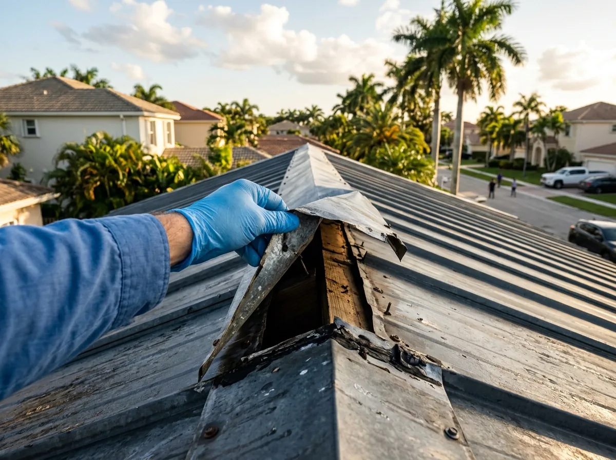 Inspector's gloved hand checking a lifted ridge cap on a metal roof after a storm