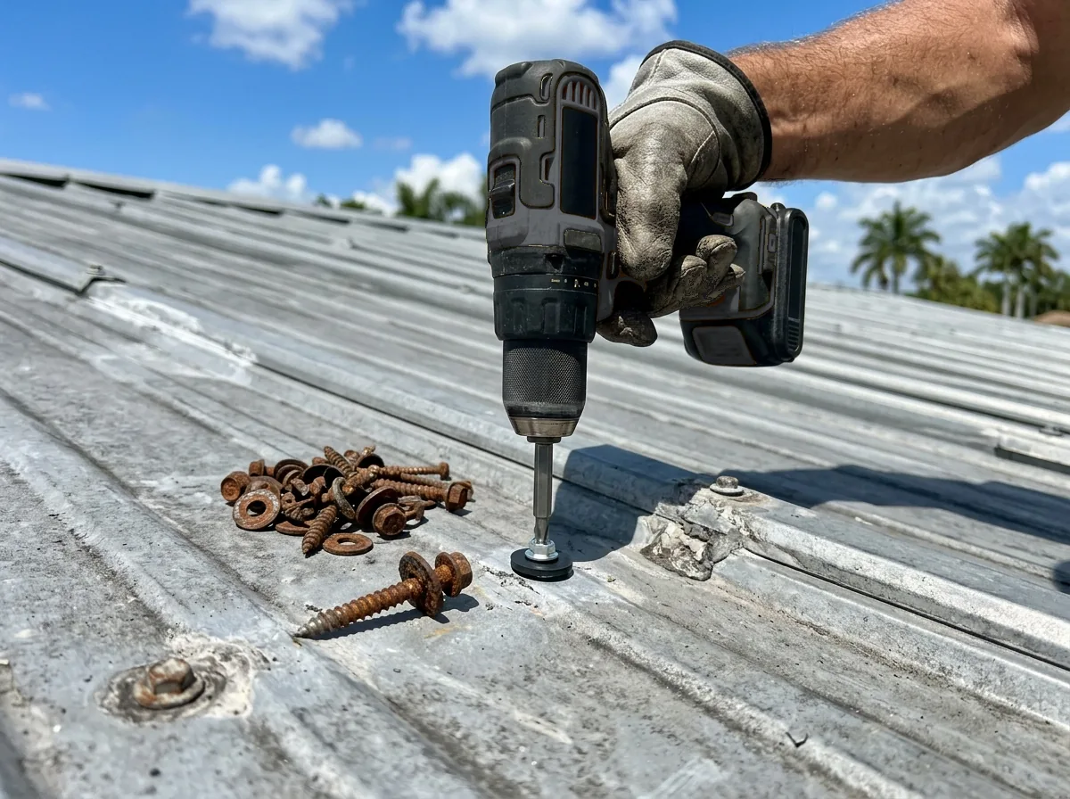 Gloved hand driving a new screw with a rubber washer into a metal roof panel beside a pile of rusty old screws