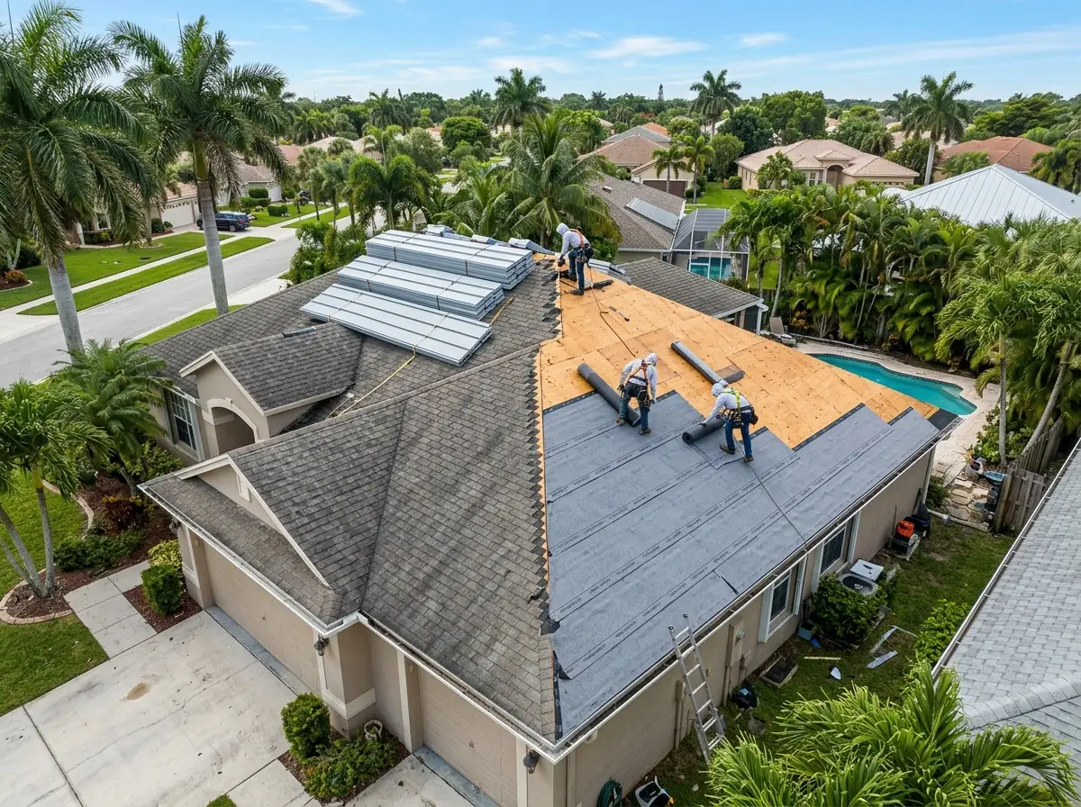 Old roof torn off to the plywood deck with new self-adhered underlayment going down before metal panels