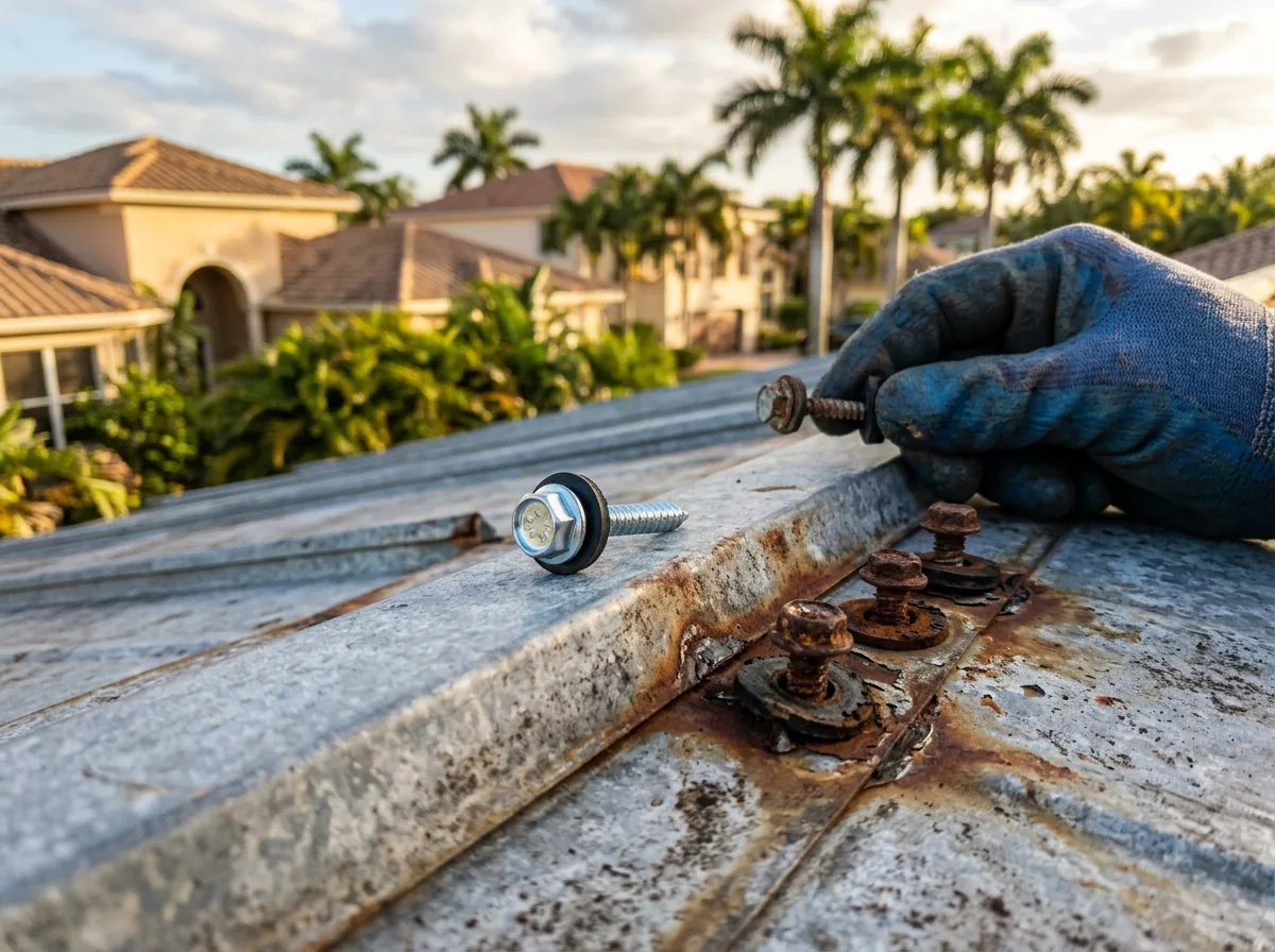 Close view of a new screw with a rubber washer beside worn, rusted screws on a 5V metal roof