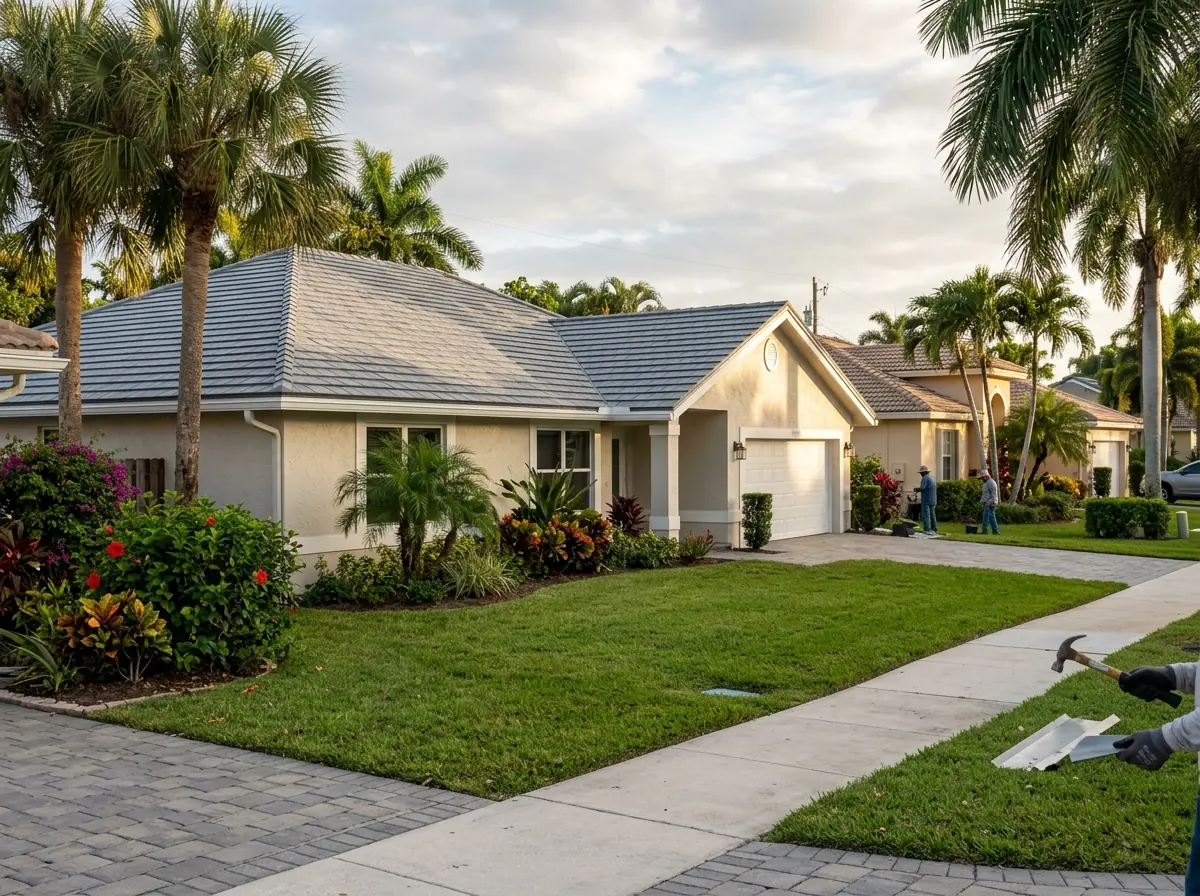 Gray metal shingles pressed in a slate profile on a single-story Florida home