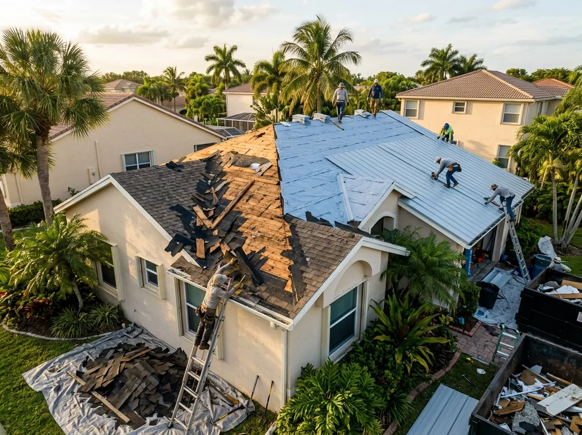 Shingle roof torn off on one side while metal panels go over new underlayment on the other half of a South Florida house