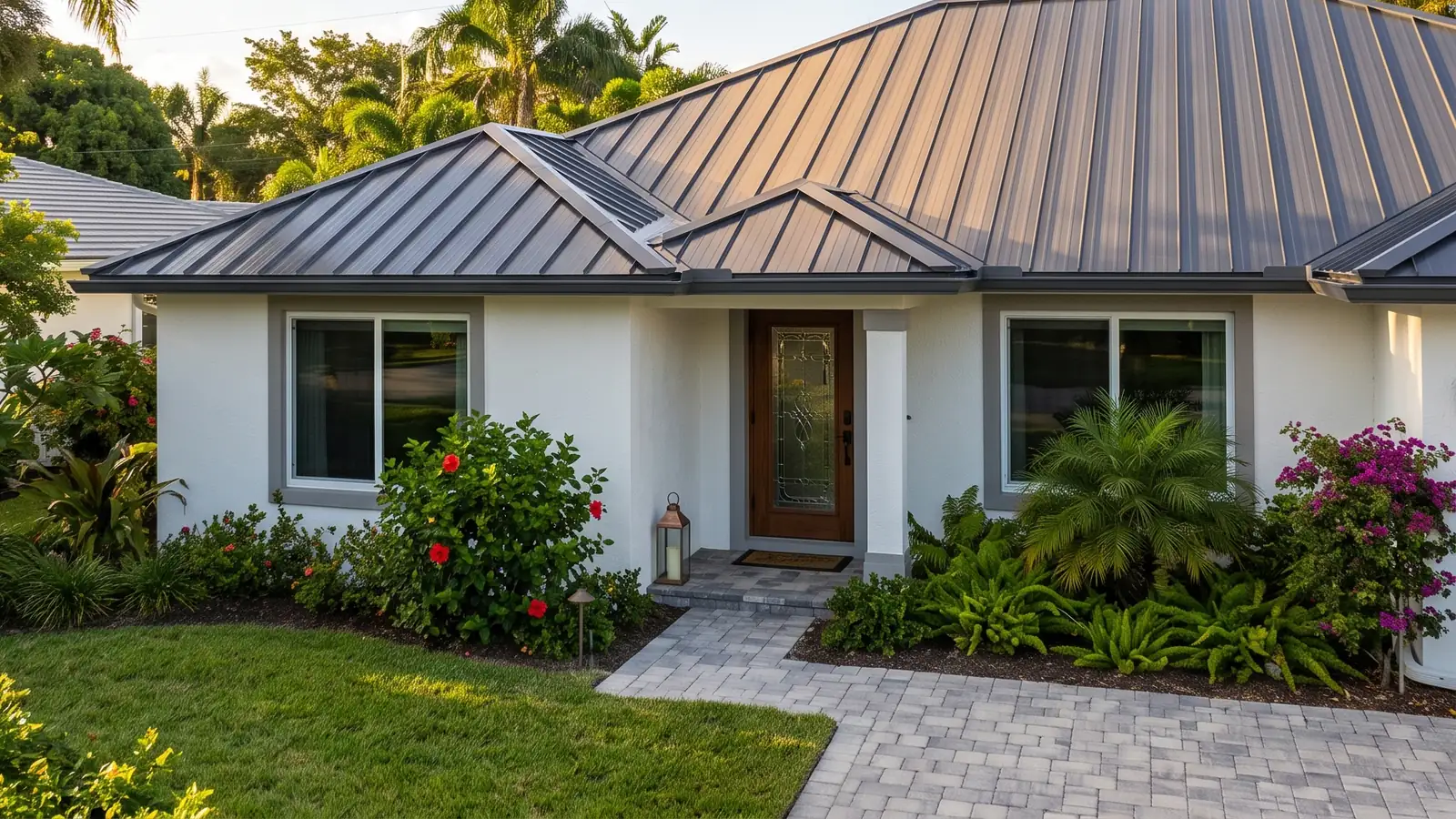 Single-story white stucco home in South Florida with a new charcoal standing seam metal roof and royal palms