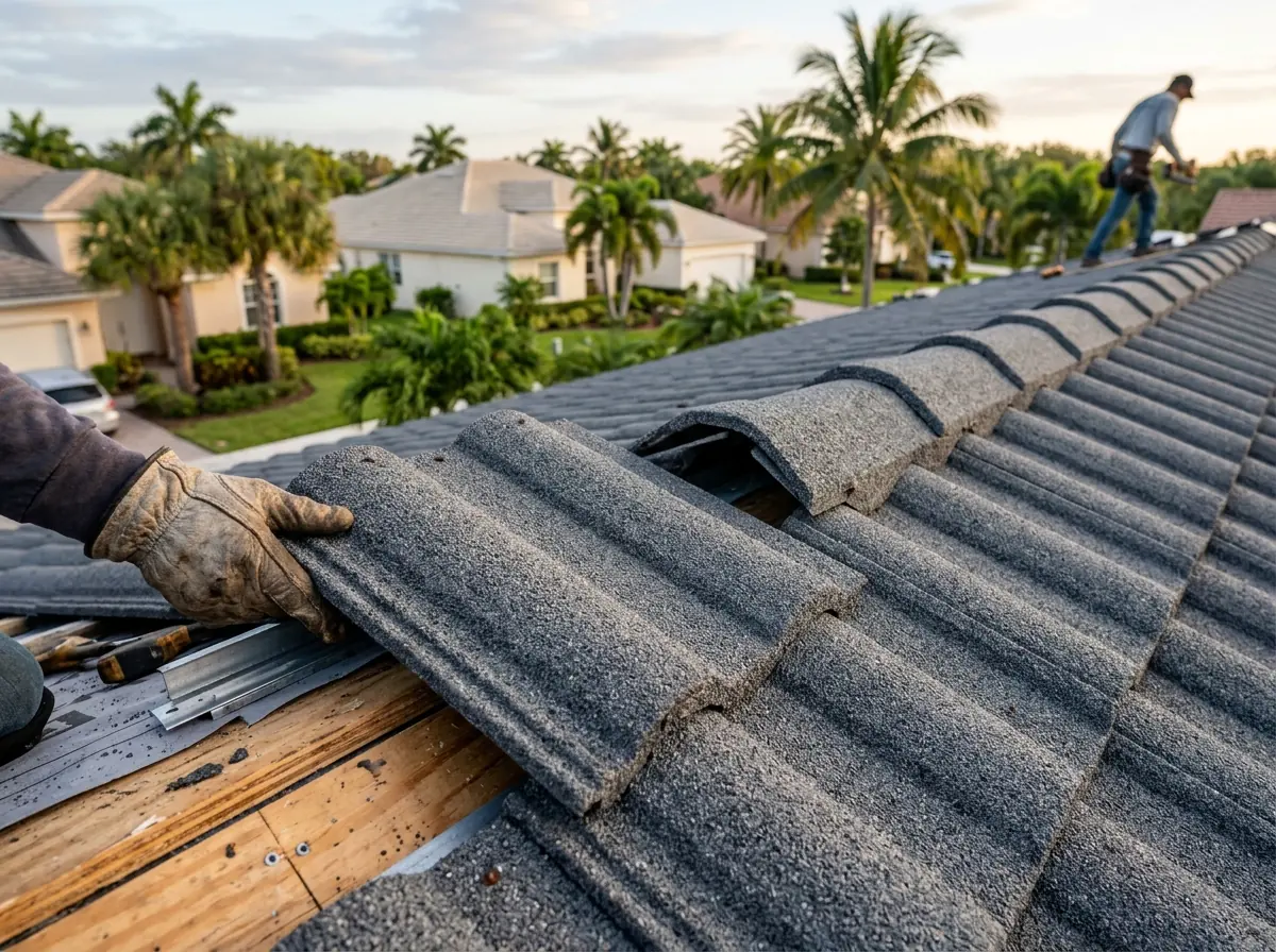Close view of stone-coated steel roof panels in a barrel tile profile showing the granular stone finish